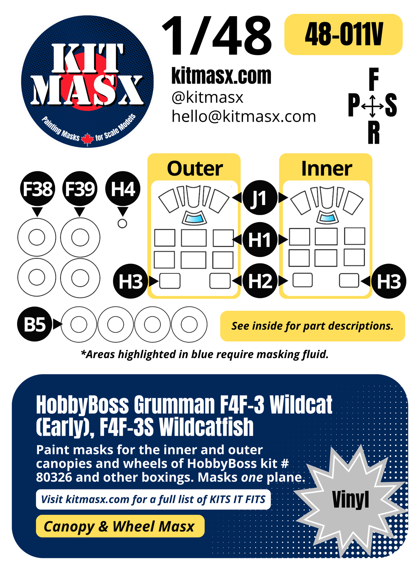 HobbyBoss Grumman F4F-3 Wildcat (Early), F4F-3S Wildcatfish 1/48 Canopy & Wheel Paint Masks, Kit 80326