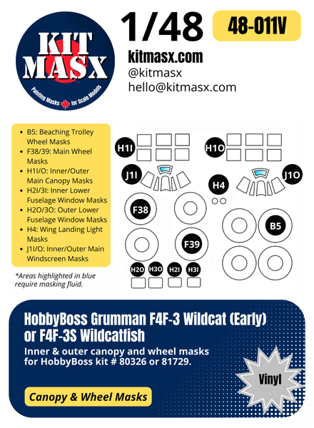 HobbyBoss Grumman F4F-3 Wildcat (Early) or F4F-3S Wildcatfish 1/48 Canopy & Wheel Paint Masks, Kit 80326