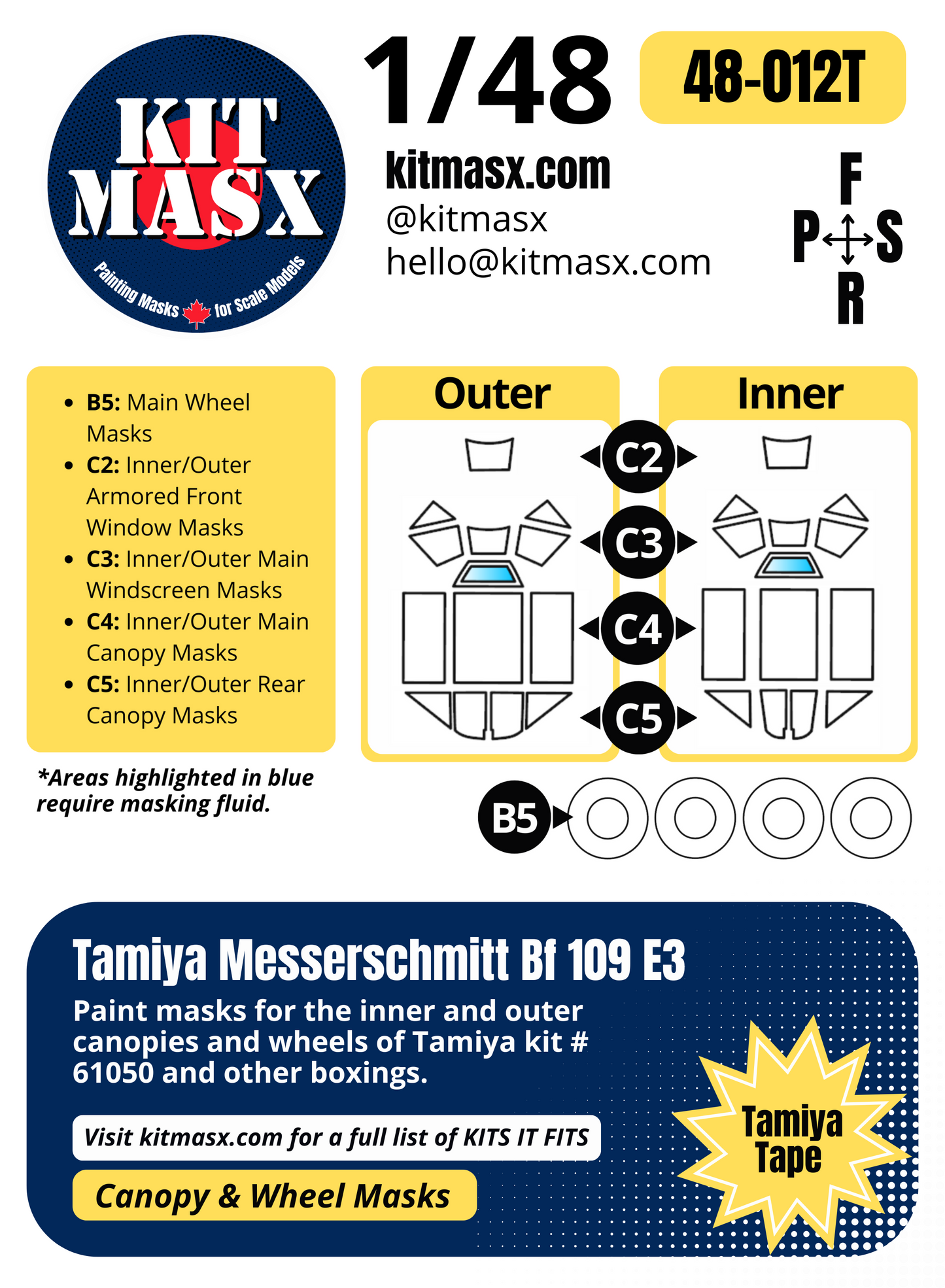 Tamiya Messerschmitt Bf109 E3 1/48 Canopy & Wheel Paint Masks, Kit # 61050