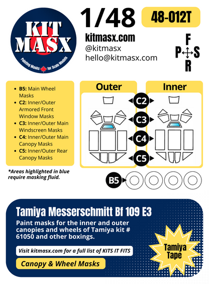 Tamiya Messerschmitt Bf109 E3 1/48 Canopy & Wheel Paint Masks, Kit # 61050