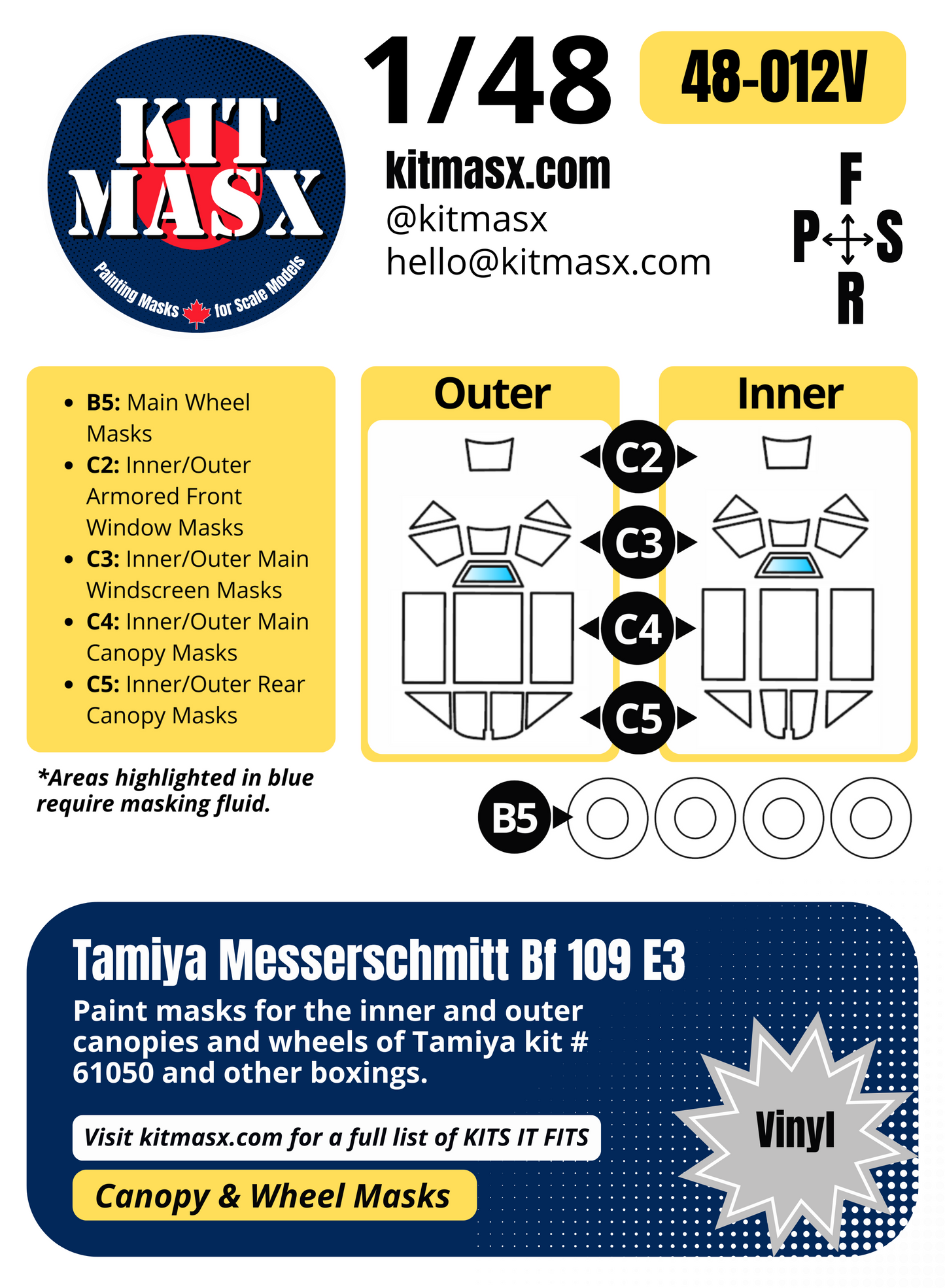 Tamiya Messerschmitt Bf109 E3 1/48 Canopy & Wheel Paint Masks, Kit # 61050