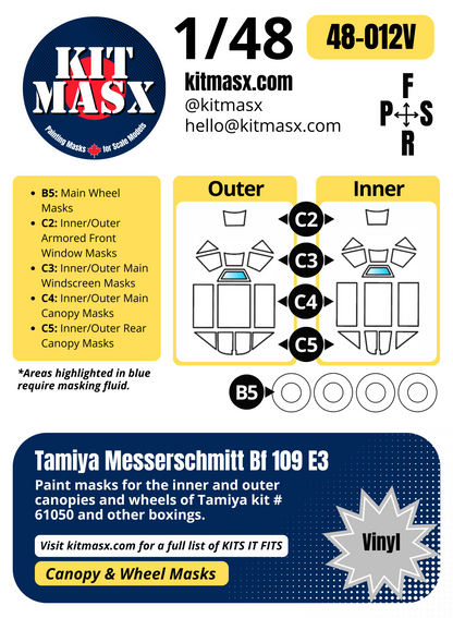 Tamiya Messerschmitt Bf109 E3 1/48 Canopy & Wheel Paint Masks, Kit # 61050