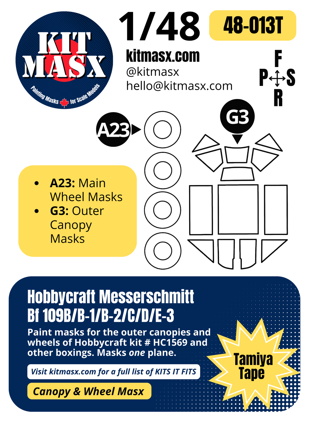 Hobbycraft Messerschmitt Bf 109B/B-1/B-2/C/D/E-3 1/48 Canopy & Wheel Paint Masks, Kit # HC1569 (48013)