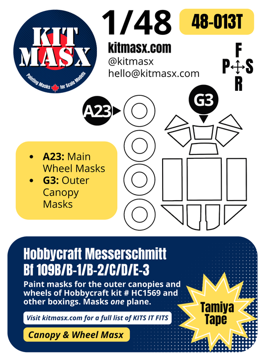 Hobbycraft Messerschmitt Bf 109B/B-1/B-2/C/D/E-3 1/48 Canopy & Wheel Paint Masks, Kit # HC1569 (48013)
