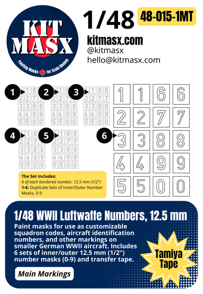 1/48 WWII Luftwaffe Numbers, 3 Sizes: 9.75 mm, 12.5 mm or 19 mm Main Marking Paint Masks