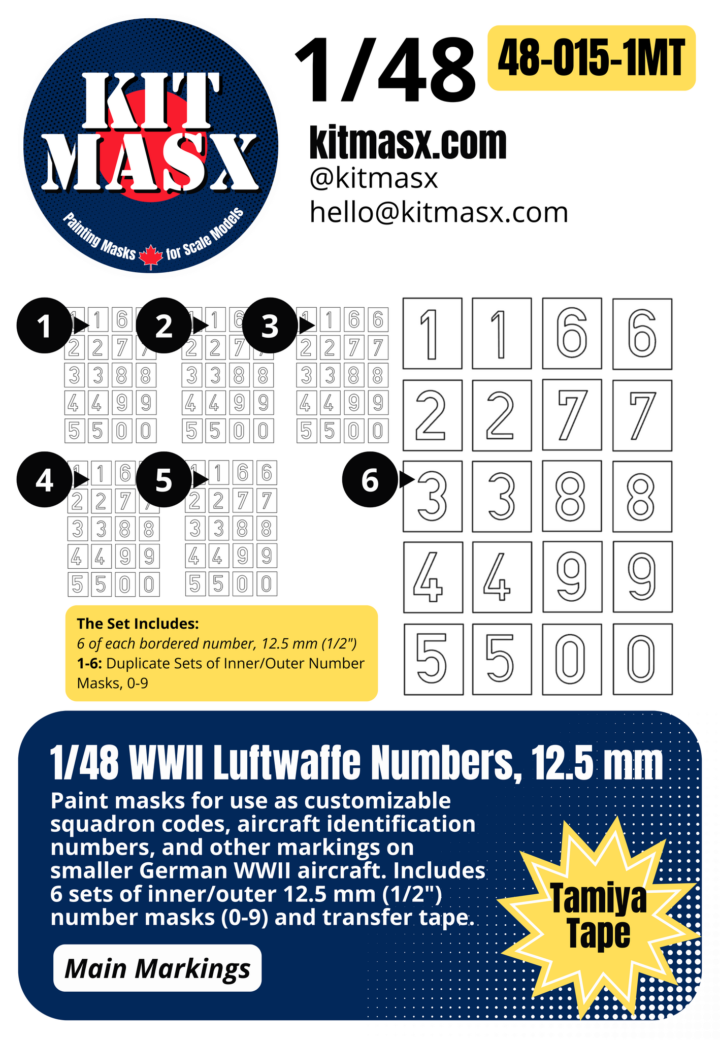 1/48 WWII Luftwaffe Numbers, 2 Sizes: 12.5 mm or 19 mm Main Marking Paint Masks