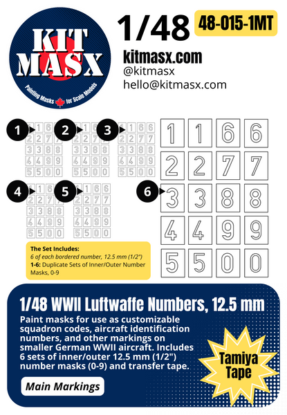 1/48 WWII Luftwaffe Numbers, 2 Sizes: 12.5 mm or 19 mm Main Marking Paint Masks