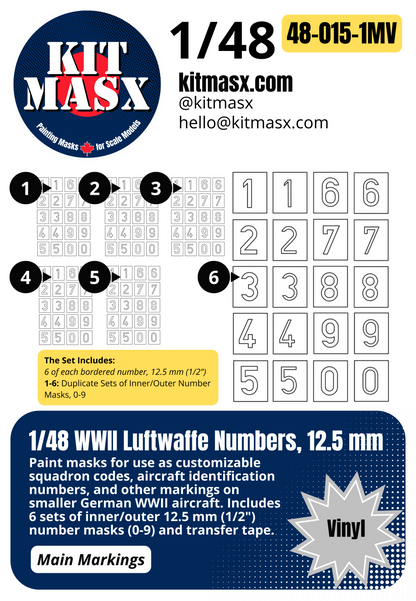 1/48 WWII Luftwaffe Numbers, 3 Sizes: 9.75 mm, 12.5 mm or 19 mm Main Marking Paint Masks