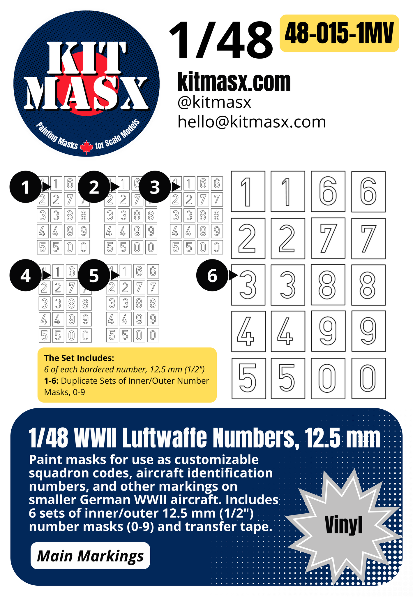 1/48 WWII Luftwaffe Numbers, 2 Sizes: 12.5 mm or 19 mm Main Marking Paint Masks