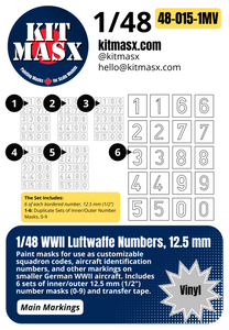 1/48 WWII Luftwaffe Numbers, 2 Sizes: 12.5 mm or 19 mm Main Marking Paint Masks