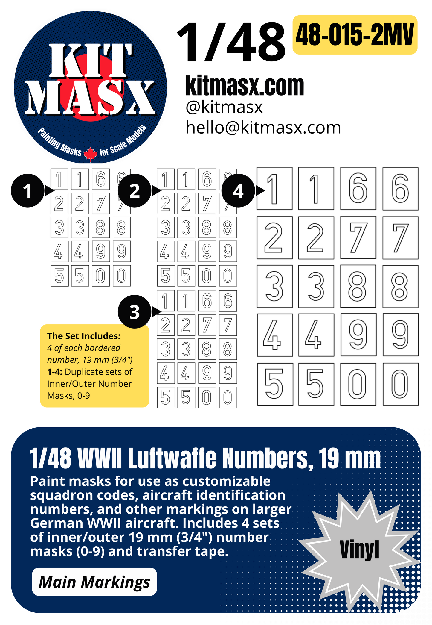 1/48 WWII Luftwaffe Numbers, 3 Sizes: 9.75 mm, 12.5 mm or 19 mm Main Marking Paint Masks