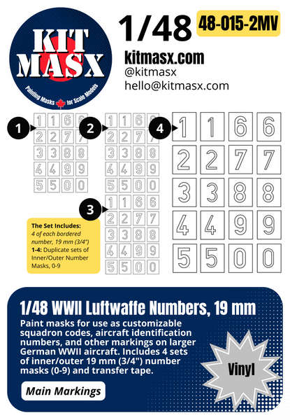 1/48 WWII Luftwaffe Numbers, 2 Sizes: 12.5 mm or 19 mm Main Marking Paint Masks