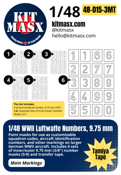 1/48 WWII Luftwaffe Numbers, 3 Sizes: 9.75 mm, 12.5 mm or 19 mm Main Marking Paint Masks