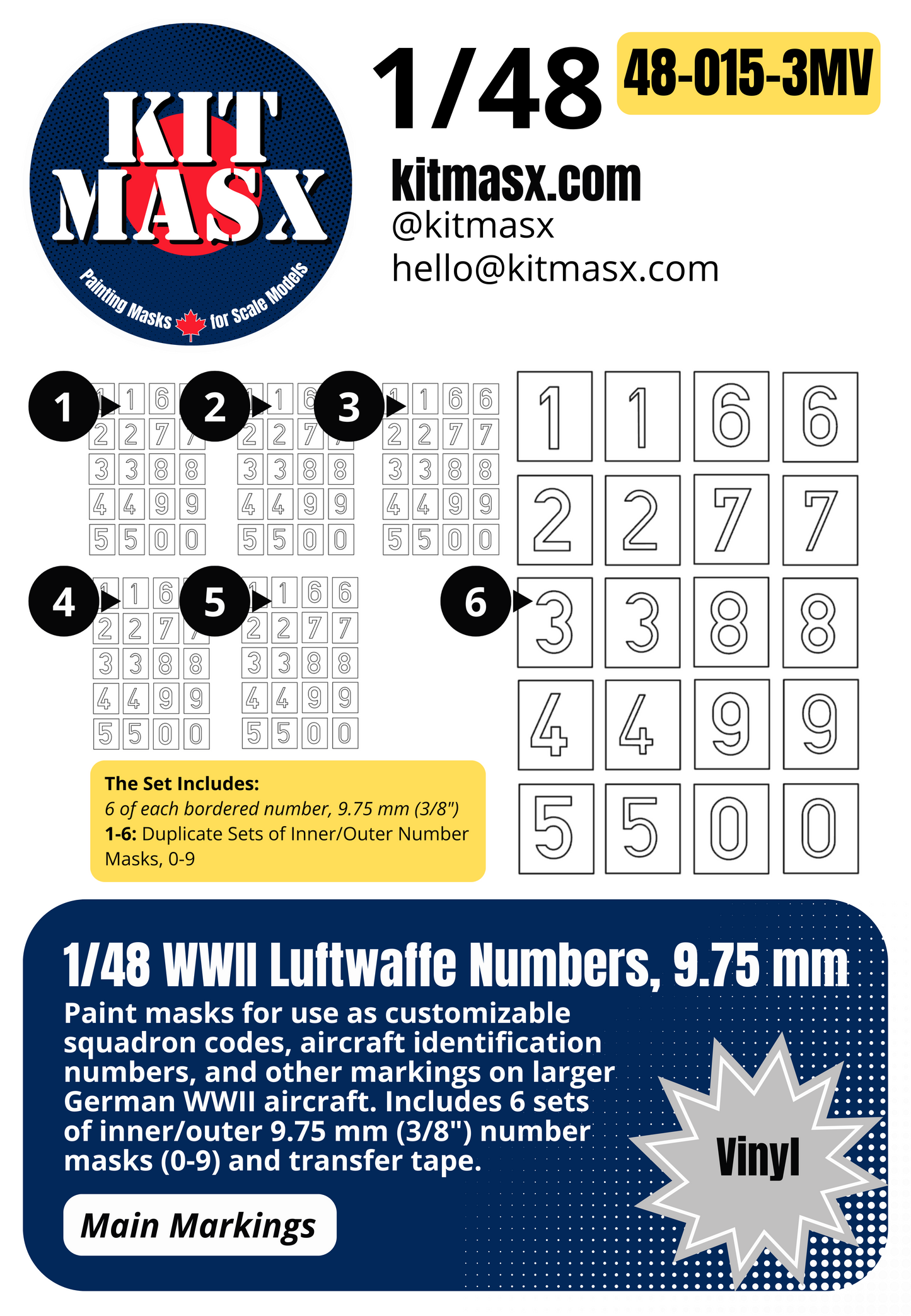 1/48 WWII Luftwaffe Numbers, 3 Sizes: 9.75 mm, 12.5 mm or 19 mm Main Marking Paint Masks
