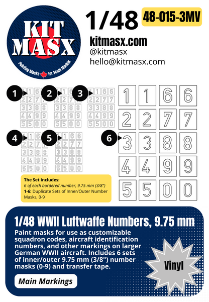 1/48 WWII Luftwaffe Numbers, 3 Sizes: 9.75 mm, 12.5 mm or 19 mm Main Marking Paint Masks