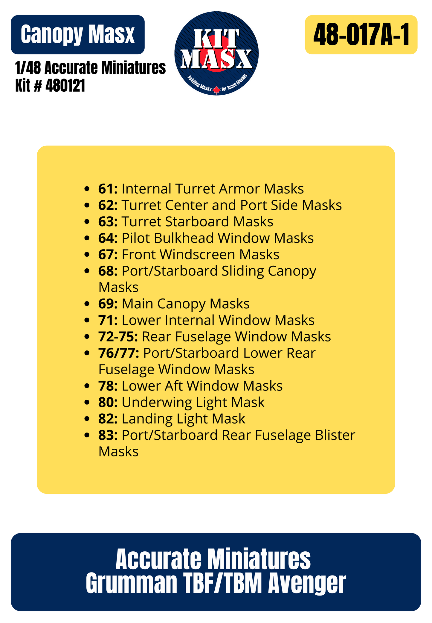 Accurate Miniatures Grumman TBM-3 Avenger "Batmen" & "Flight 19" 1/48 All-in-One Master Mask Set, Kit # 480121