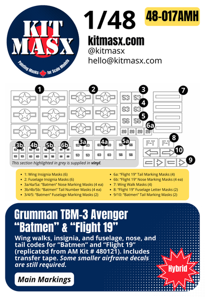 Accurate Miniatures Grumman TBM-3 Avenger "Batmen" & "Flight 19" 1/48 Main Marking Paint Masks or All-in-One Master Mask Set, Kit # 480121