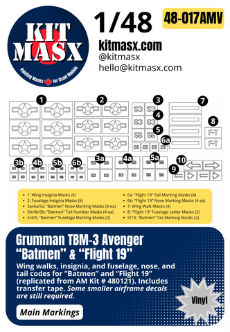 Accurate Miniatures Grumman TBM-3 Avenger "Batmen" & "Flight 19" 1/48 Main Marking Paint Masks or All-in-One Master Mask Set, Kit # 480121