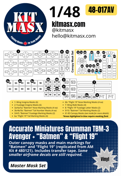 Accurate Miniatures Grumman TBM-3 Avenger "Batmen" & "Flight 19" 1/48 Main Marking Paint Masks or All-in-One Master Mask Set, Kit # 480121