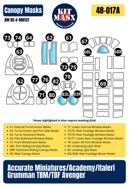 Accurate Miniatures Grumman TBM-3 Avenger "Batmen" & "Flight 19" 1/48 Main Marking Paint Masks or All-in-One Master Mask Set, Kit # 480121