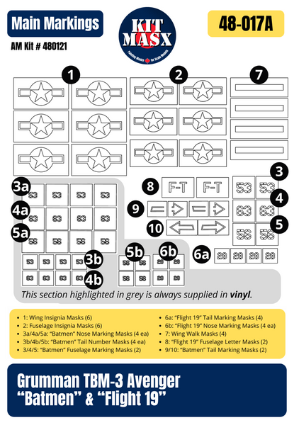 Accurate Miniatures Grumman TBM-3 Avenger "Batmen" & "Flight 19" 1/48 Main Marking Paint Masks or All-in-One Master Mask Set, Kit # 480121