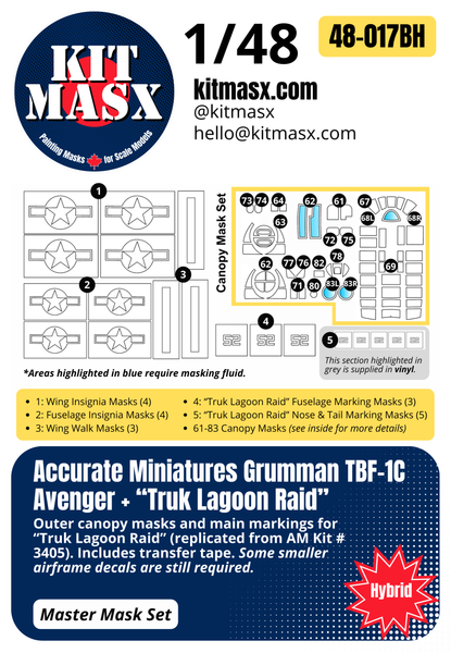 Accurate Miniatures Grumman TBM/TBF Avenger 1/48 Canopy & Main Marking Paint Masks