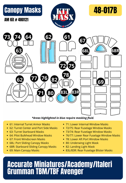 Accurate Miniatures Grumman TBF-1C Avenger "Truk Lagoon Raid" 1/48 Main Marking Paint Masks or All-in-One Master Mask Set, Kit # 3405