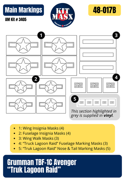 Accurate Miniatures Grumman TBF-1C Avenger "Truk Lagoon Raid" 1/48 Main Marking Paint Masks or All-in-One Master Mask Set, Kit # 3405