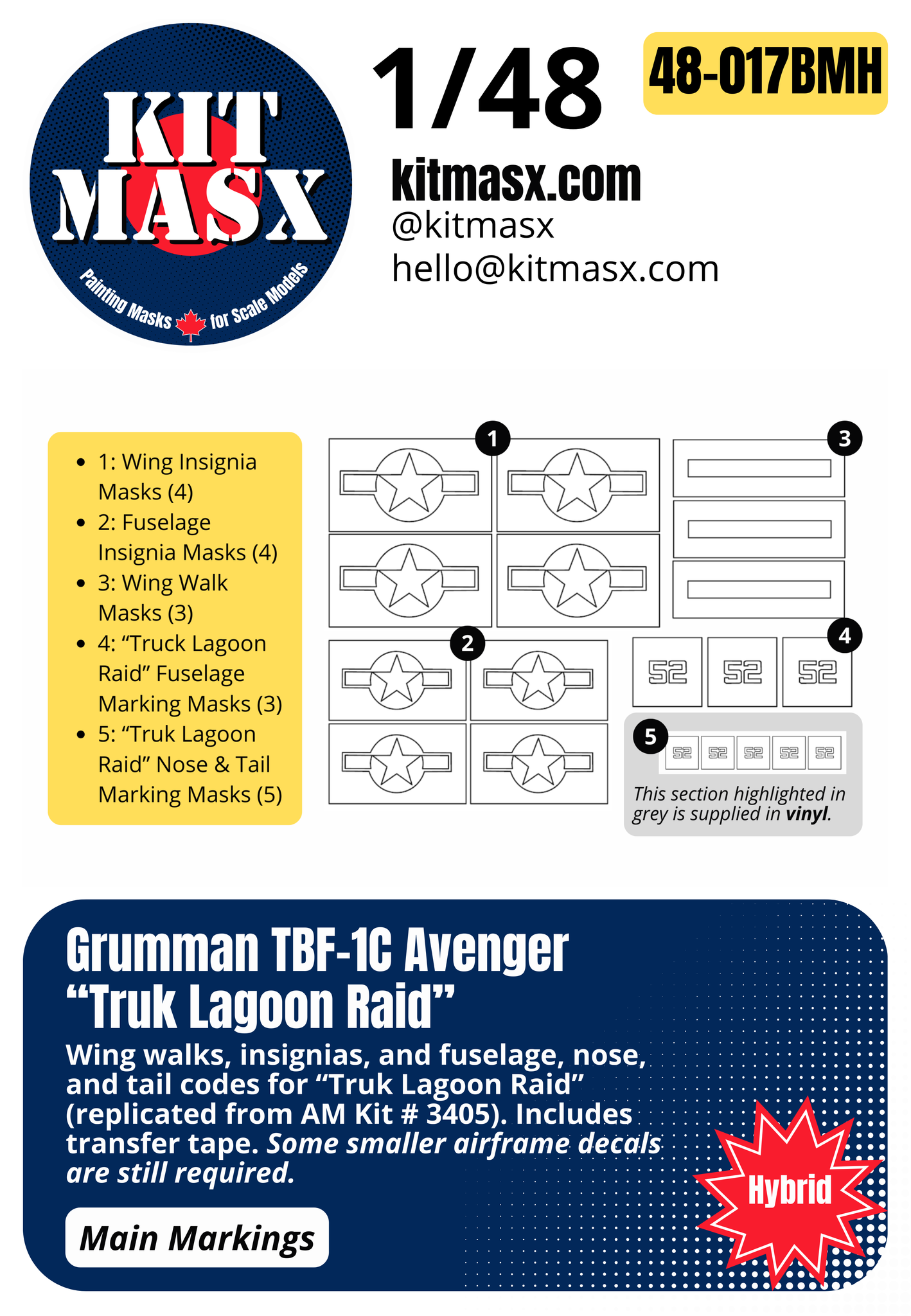 Accurate Miniatures Grumman TBF-1C Avenger "Truk Lagoon Raid" 1/48 Main Marking Paint Masks or All-in-One Master Mask Set, Kit # 3405