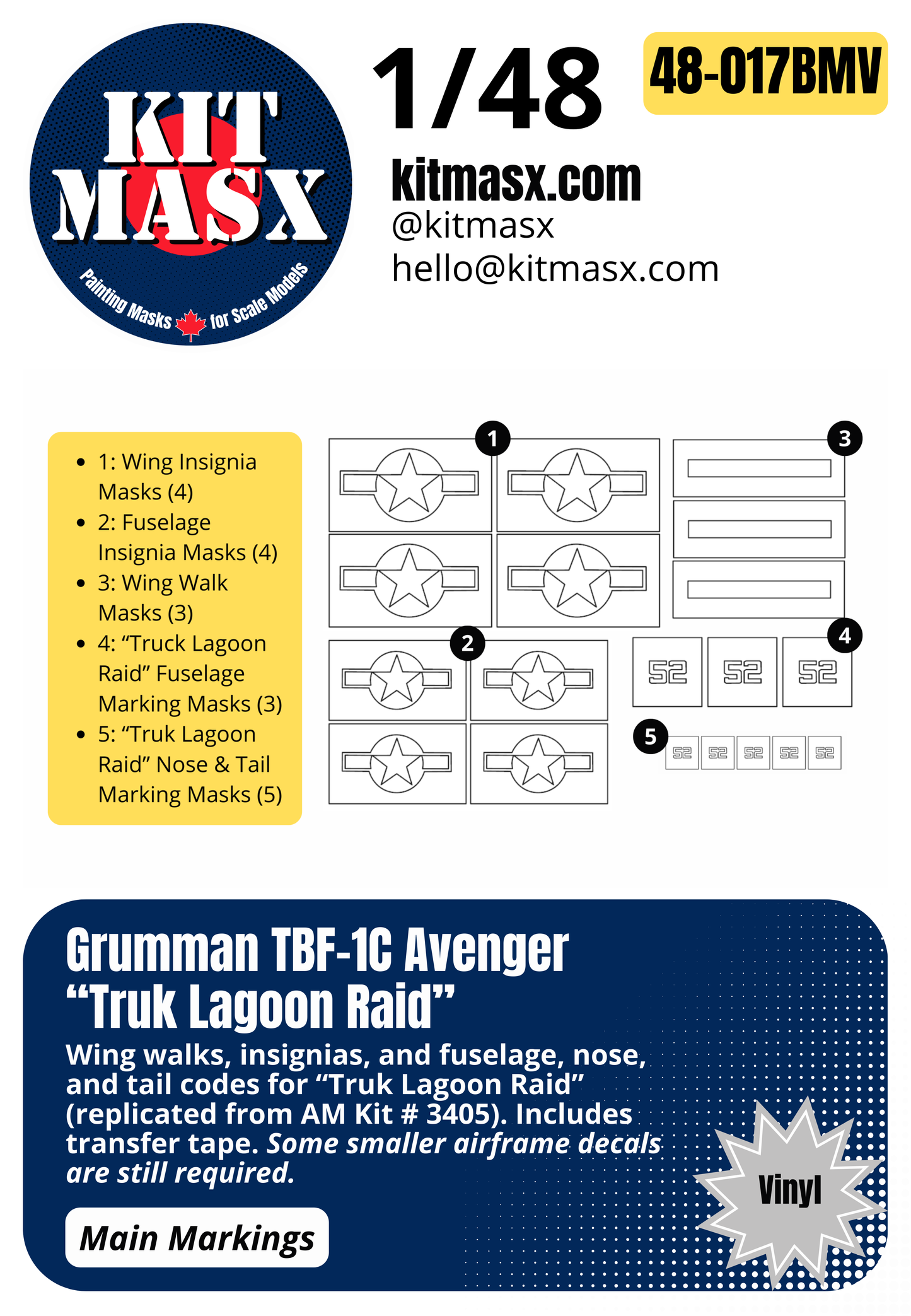 Accurate Miniatures Grumman TBF-1C Avenger "Truk Lagoon Raid" 1/48 Main Marking Paint Masks or All-in-One Master Mask Set, Kit # 3405