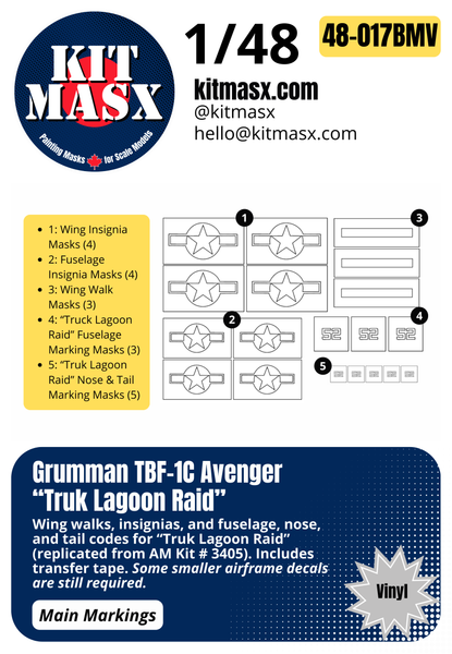 Accurate Miniatures Grumman TBF-1C Avenger "Truk Lagoon Raid" 1/48 Main Marking Paint Masks or All-in-One Master Mask Set, Kit # 3405