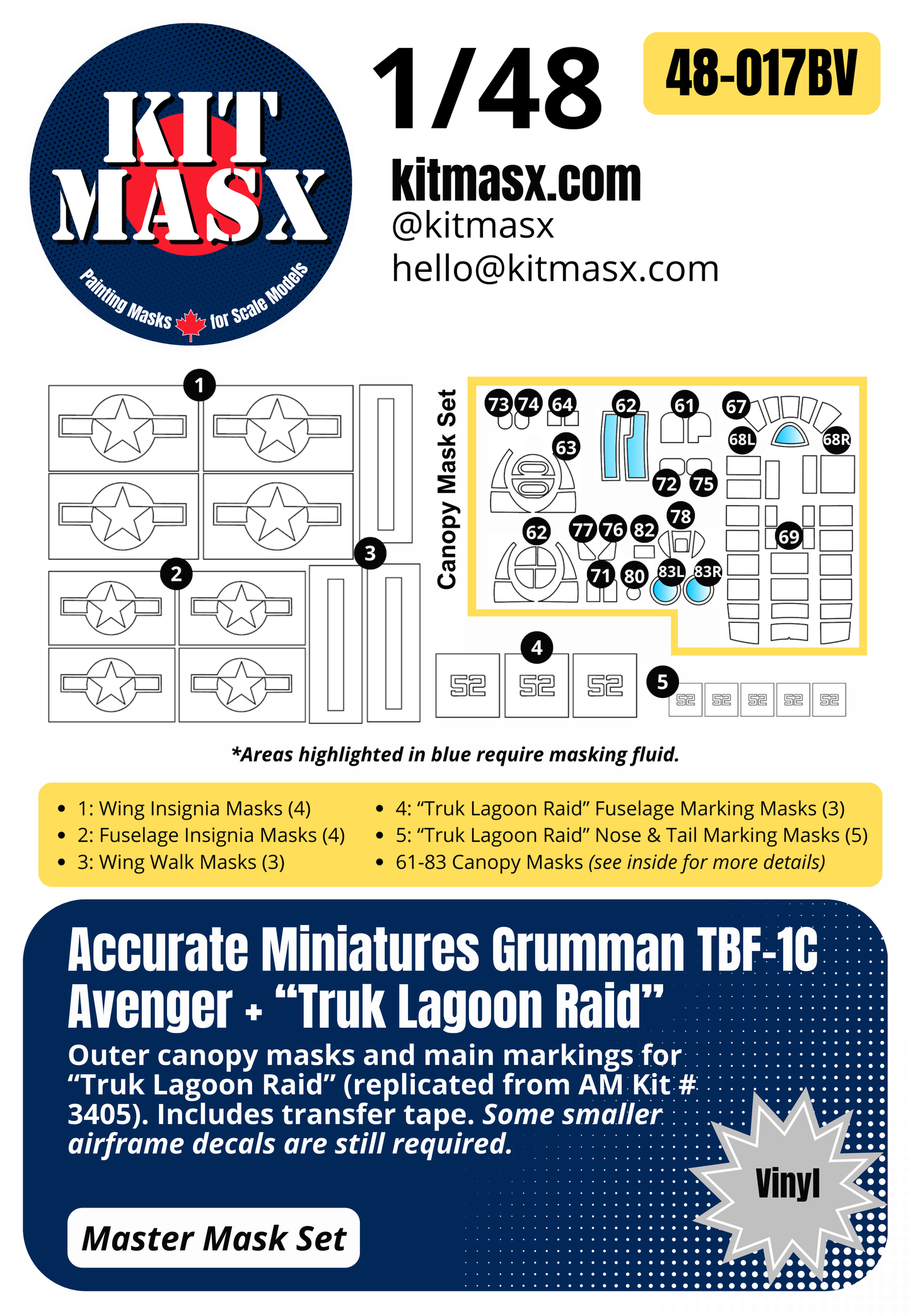 Accurate Miniatures Grumman TBF-1C Avenger "Truk Lagoon Raid" 1/48 Main Marking Paint Masks or All-in-One Master Mask Set, Kit # 3405
