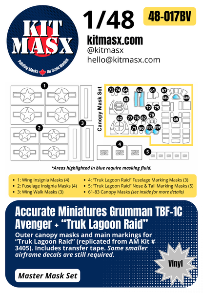Accurate Miniatures Grumman TBF-1C Avenger "Truk Lagoon Raid" 1/48 Main Marking Paint Masks or All-in-One Master Mask Set, Kit # 3405