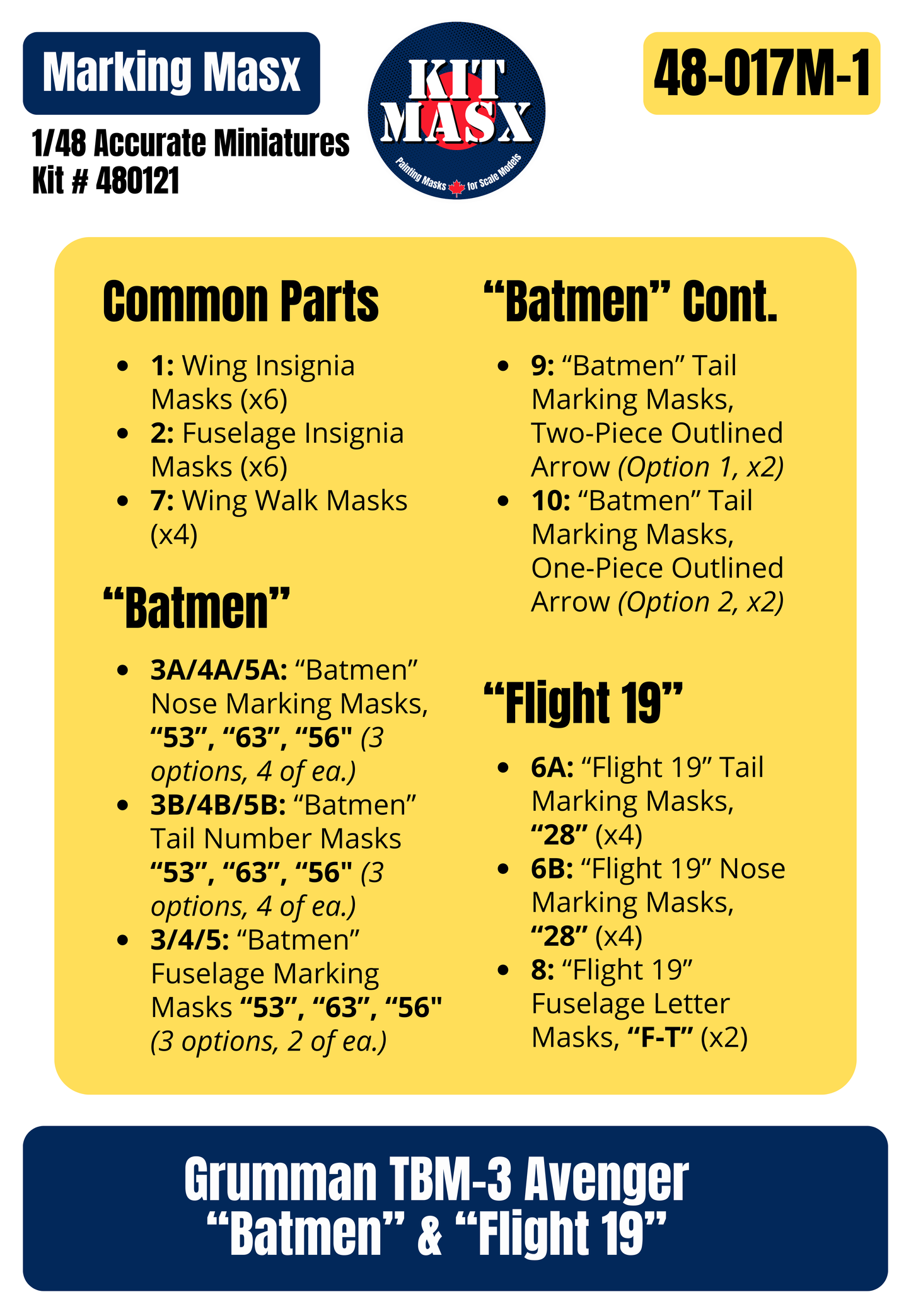 Accurate Miniatures Grumman TBM-3 Avenger "Batmen" & "Flight 19" 1/48 Main Marking Paint Masks Kit # 480121