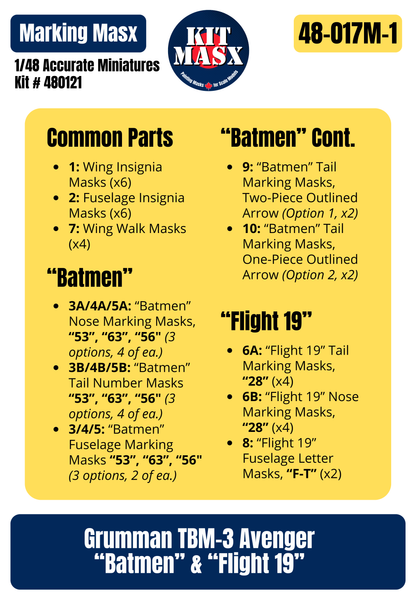 Accurate Miniatures Grumman TBM-3 Avenger "Batmen" & "Flight 19" 1/48 Main Marking Paint Masks Kit # 480121