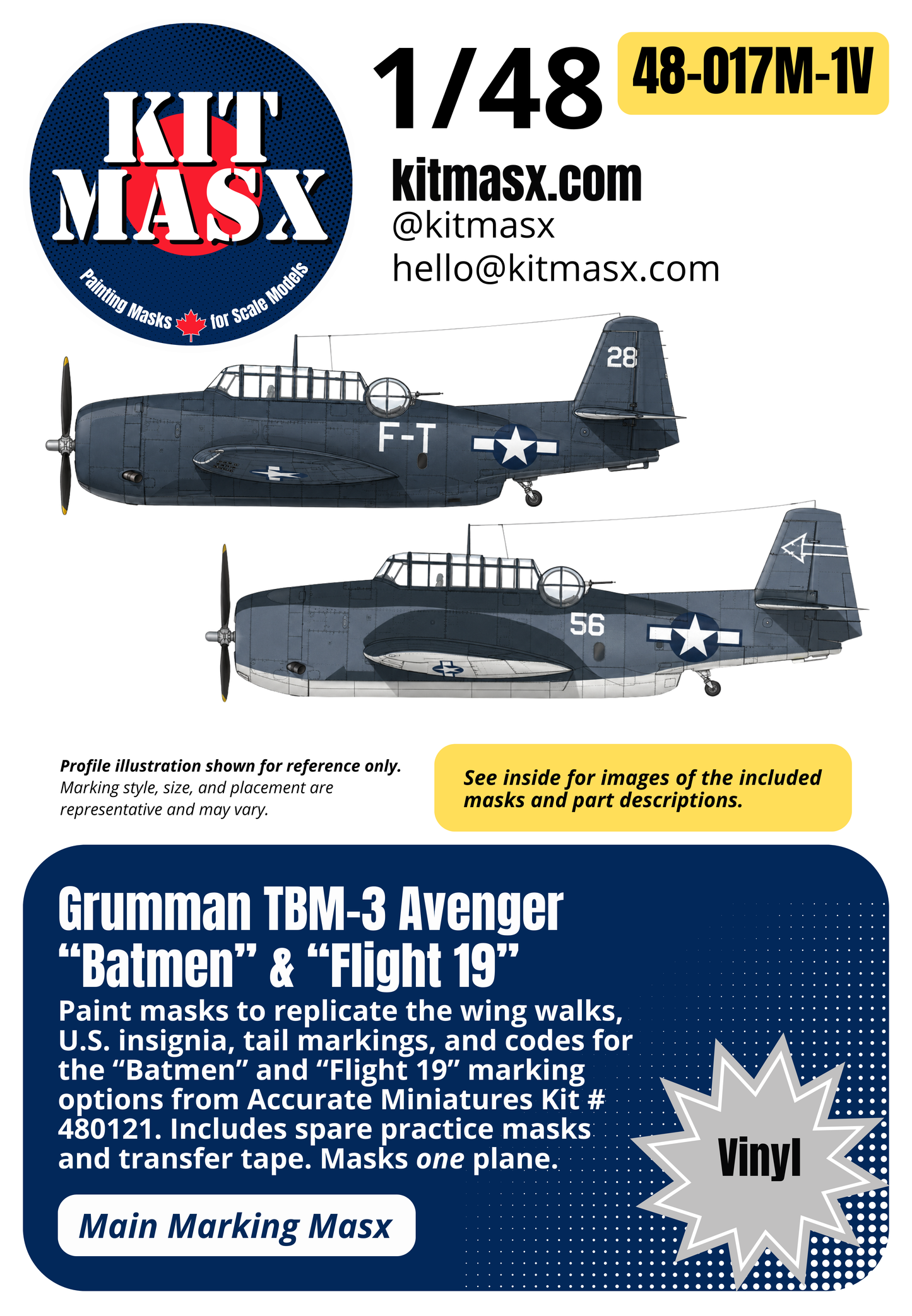 Accurate Miniatures Grumman TBM-3 Avenger "Batmen" & "Flight 19" 1/48 Main Marking Paint Masks Kit # 480121