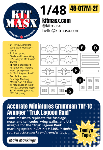Accurate Miniatures Grumman TBF-1C Avenger "Truk Lagoon Raid" 1/48 Main Marking Paint Masks or All-in-One Master Mask Set, Kit # 3405