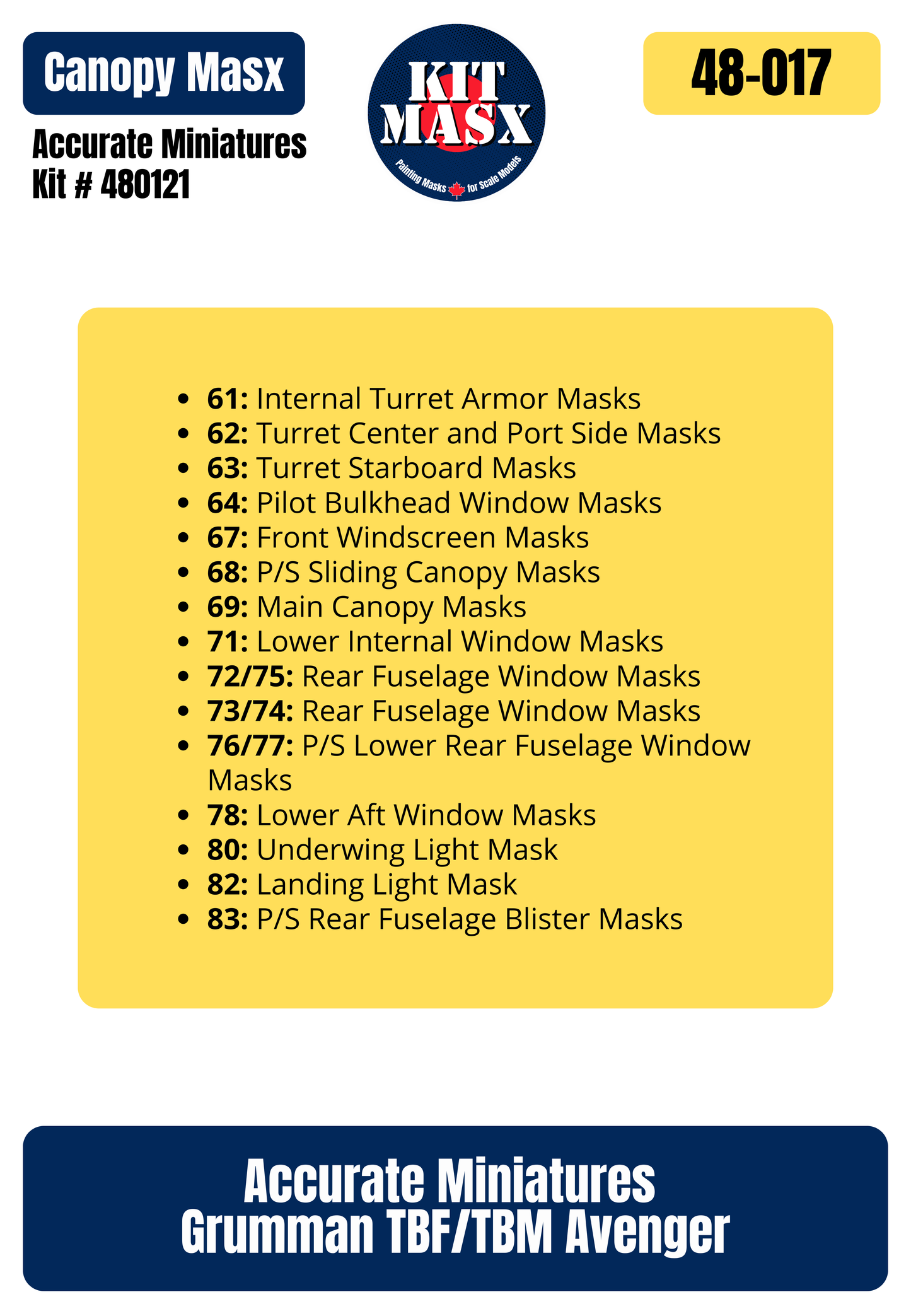 Accurate Miniatures Grumman TBF/TBM Avenger 1/48 Canopy Paint Masks, Kit # 480121