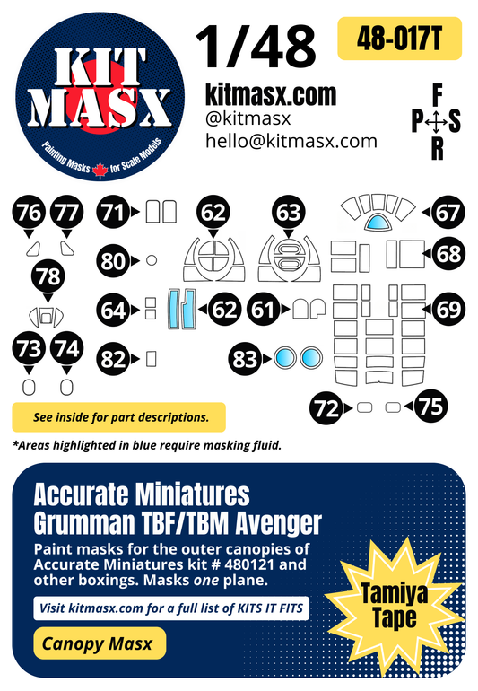 Accurate Miniatures Grumman TBF/TBM Avenger 1/48 Canopy Paint Masks, Kit # 480121