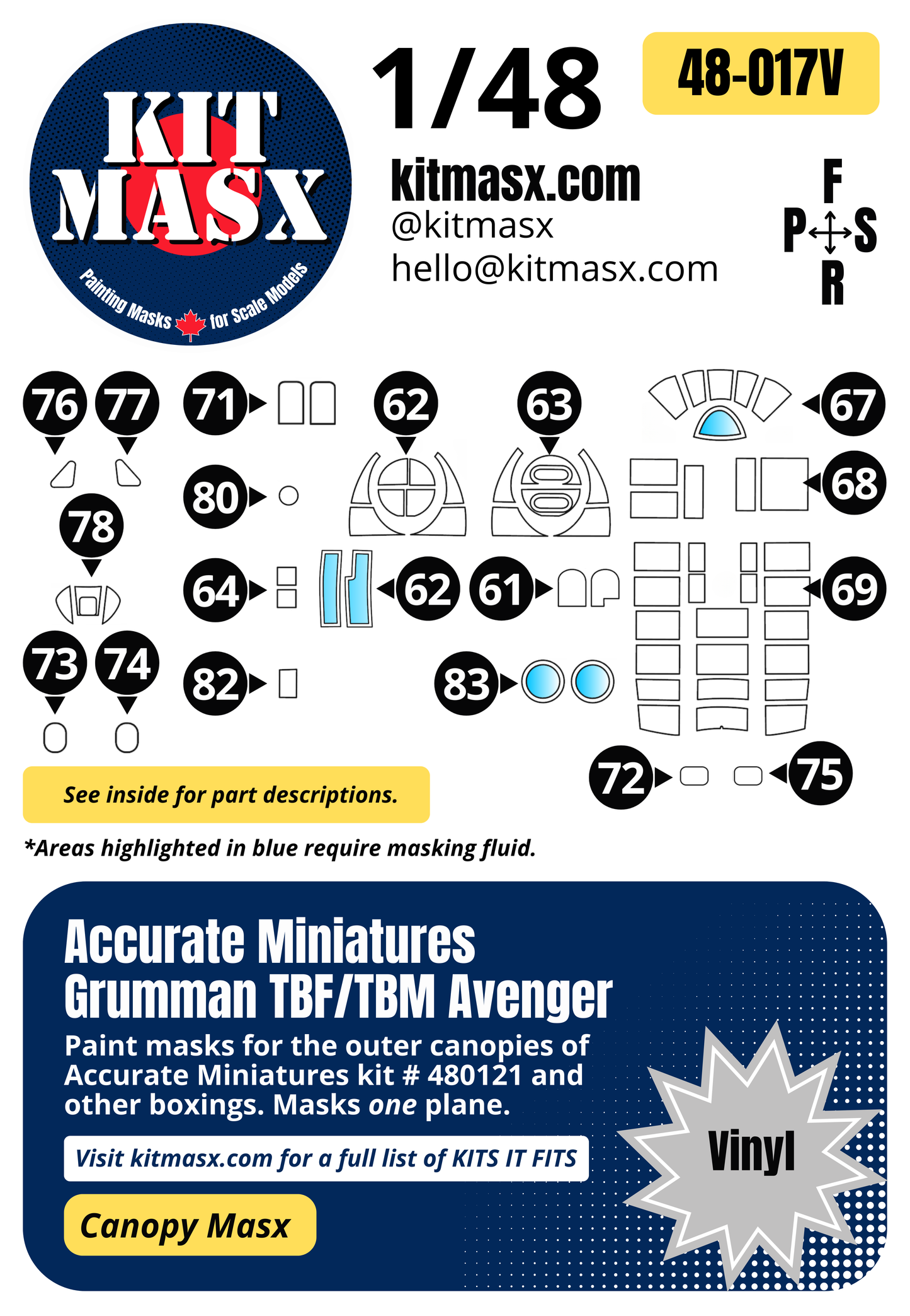 Accurate Miniatures Grumman TBF/TBM Avenger 1/48 Canopy Paint Masks, Kit # 480121