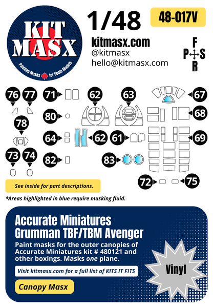Accurate Miniatures Grumman TBF/TBM Avenger 1/48 Canopy Paint Masks, Kit # 480121