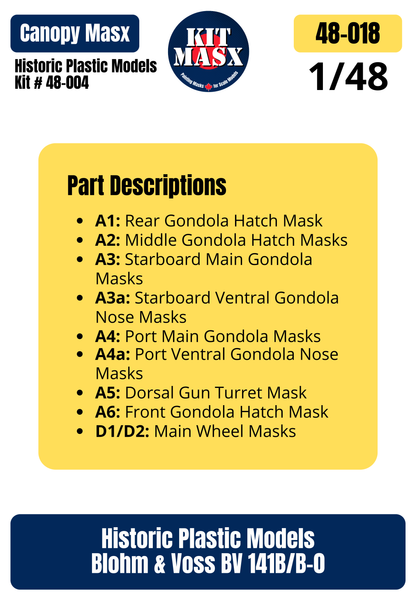 Historic Plastic Models Blohm & Voss BV 141B/B-0 1/48 Canopy & Wheel Paint Masks, Kit # 48-004 (48018)