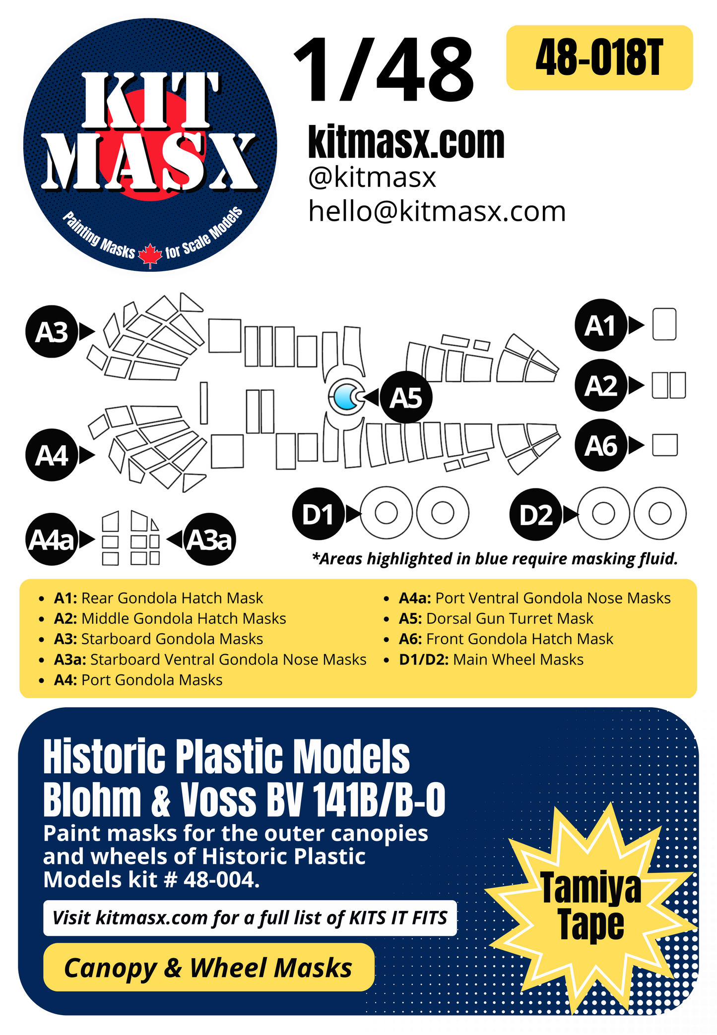 Historic Plastic Models Blohm & Voss BV 141B/B-0 1/48 Canopy & Wheel Paint Masks, Kit # 48-004