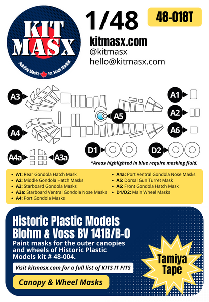 Historic Plastic Models Blohm & Voss BV 141B/B-0 1/48 Canopy & Wheel Paint Masks, Kit # 48-004