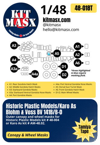 Historic Plastic Models Blohm & Voss BV 141B/B-0 1/48 Canopy & Wheel Paint Masks, Kit # 48-004