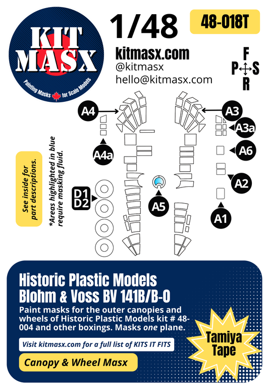 Historic Plastic Models Blohm & Voss BV 141B/B-0 1/48 Canopy & Wheel Paint Masks, Kit # 48-004 (48018)
