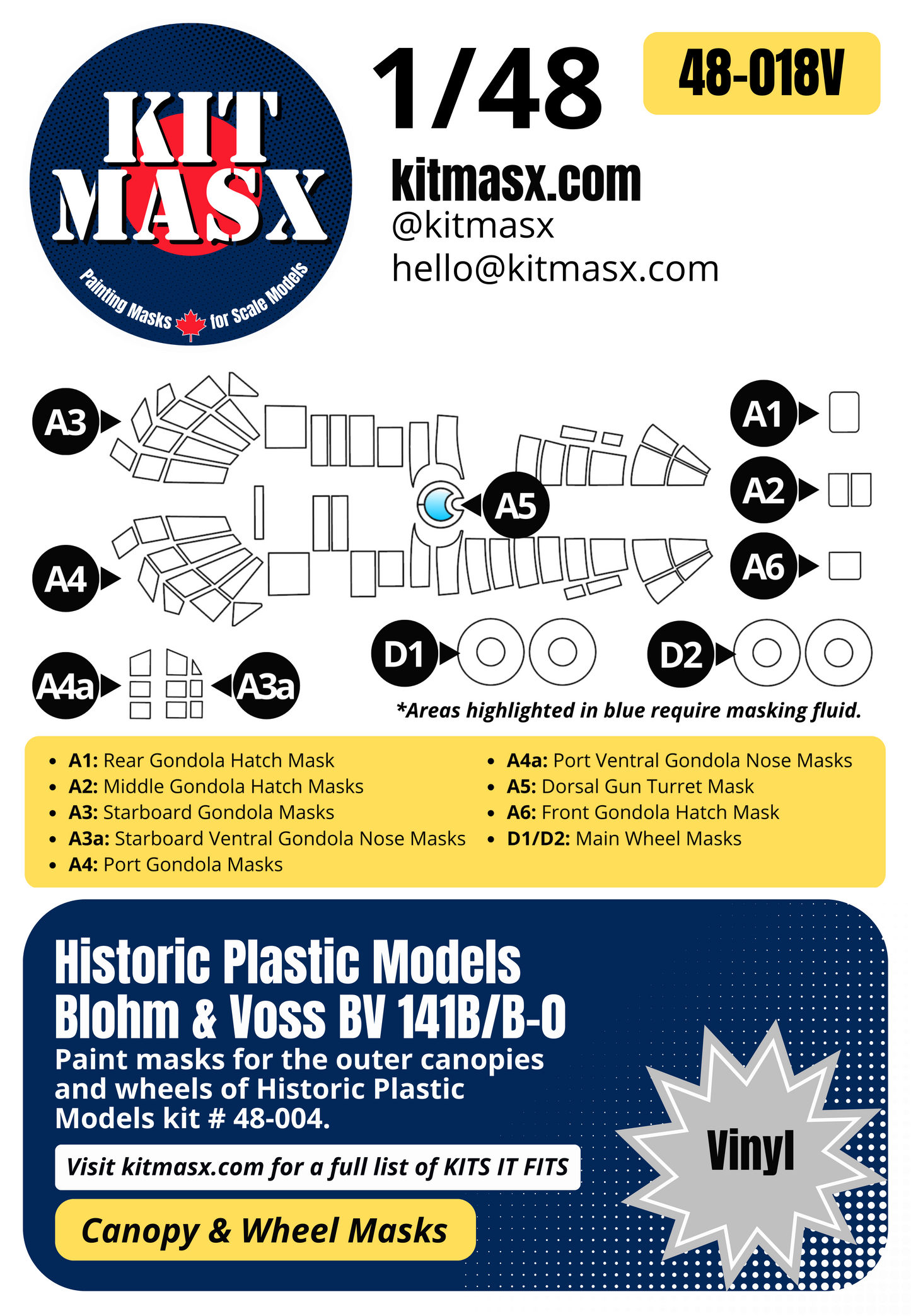 Historic Plastic Models Blohm & Voss BV 141B/B-0 1/48 Canopy & Wheel Paint Masks, Kit # 48-004