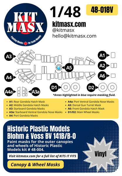 Historic Plastic Models Blohm & Voss BV 141B/B-0 1/48 Canopy & Wheel Paint Masks, Kit # 48-004