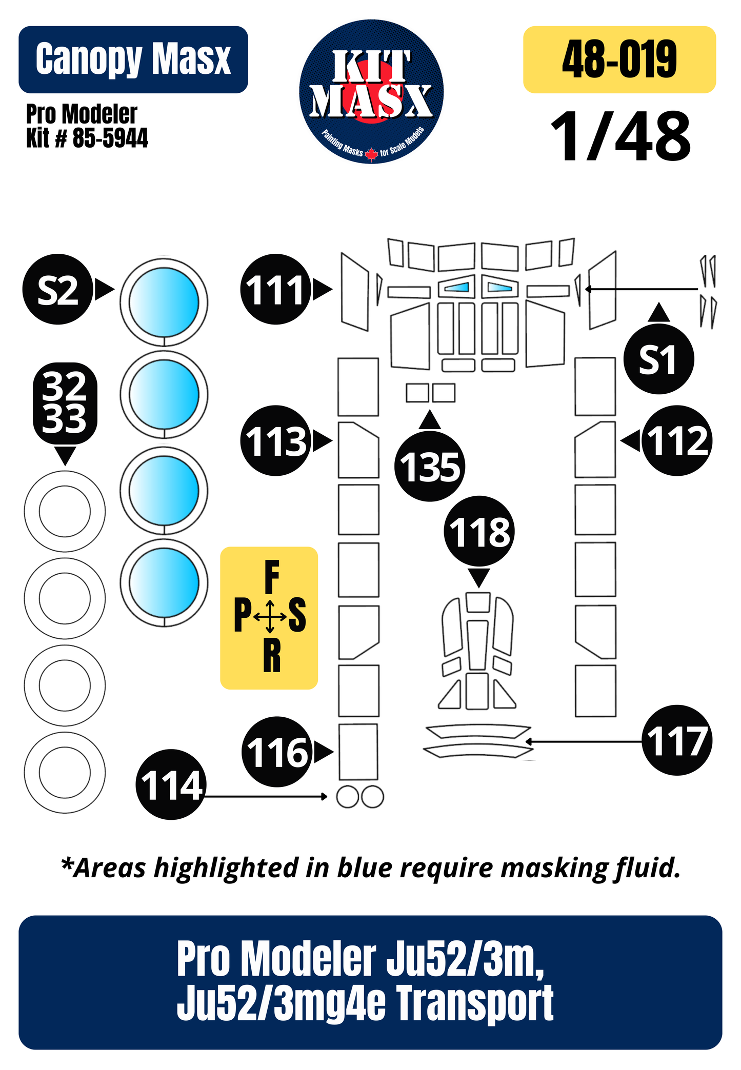 Pro Modeler Junkers Ju52/3m, Ju52/3mg4e Transport 1/48 Canopy & Wheel Paint Masks, Kit # 85-5944 (48019)