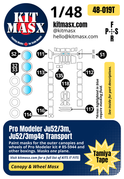 Pro Modeler Junkers Ju52/3m, Ju52/3mg4e Transport 1/48 Canopy & Wheel Paint Masks, Kit # 85-5944 (48019)